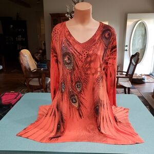 Peacock Feather Print V-Neck Top - Orange ENDS 11/25/25